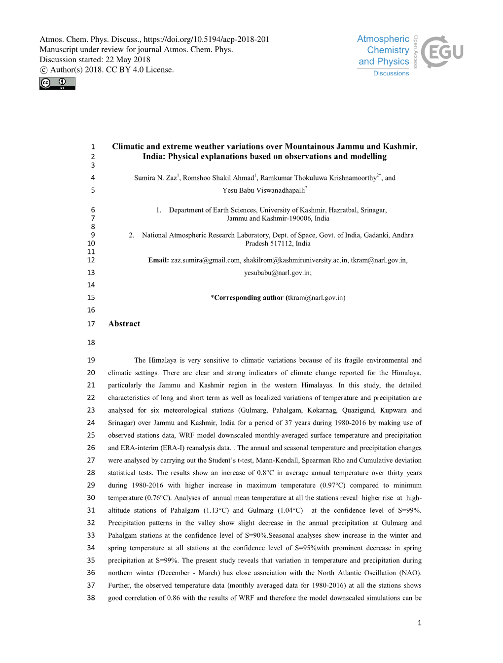 Climatic and Extreme Weather Variations Over Mountainous Jammu and Kashmir, 2 India: Physical Explanations Based on Observations and Modelling 3 4 Sumira N