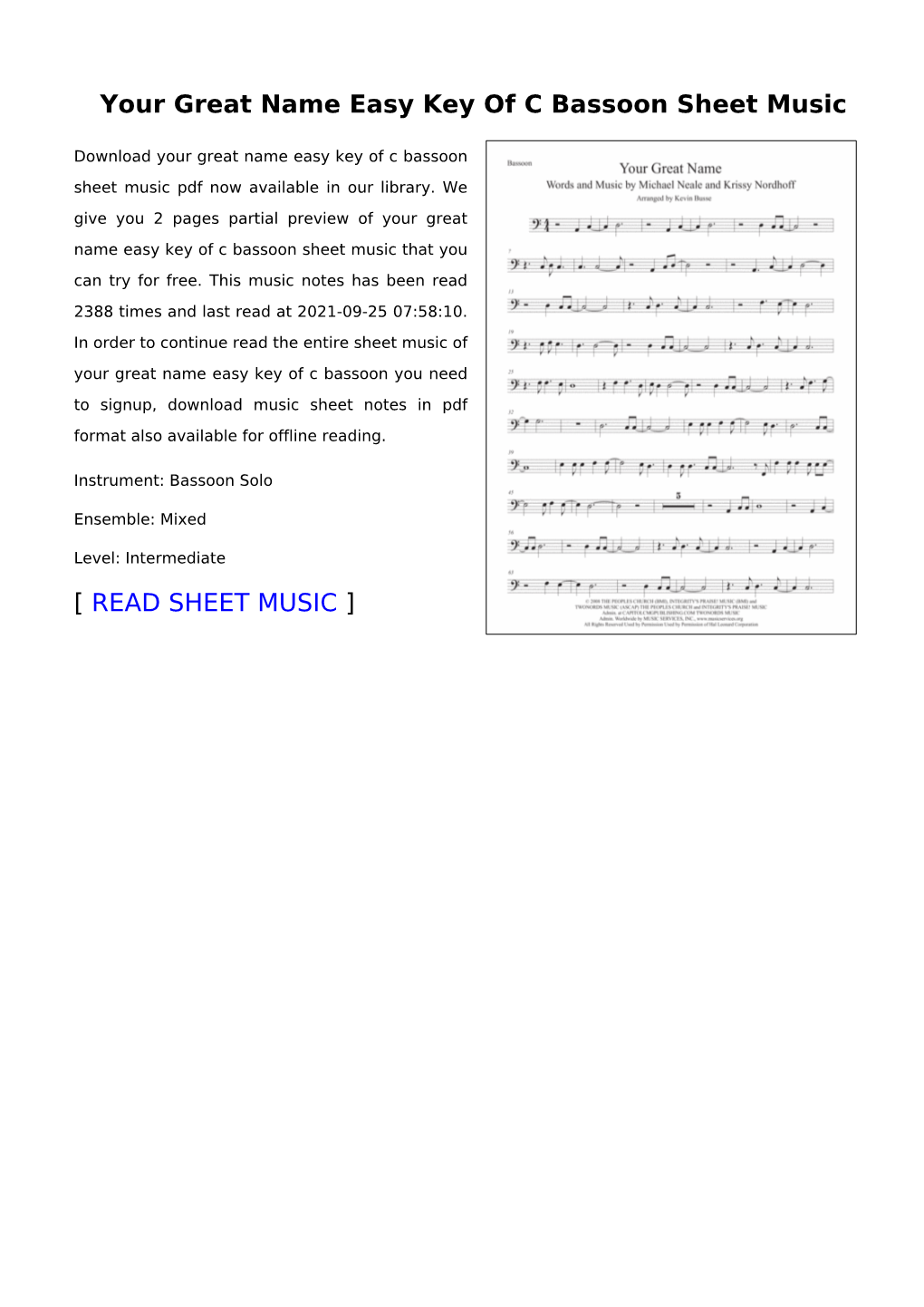 Your Great Name Easy Key of C Bassoon Sheet Music