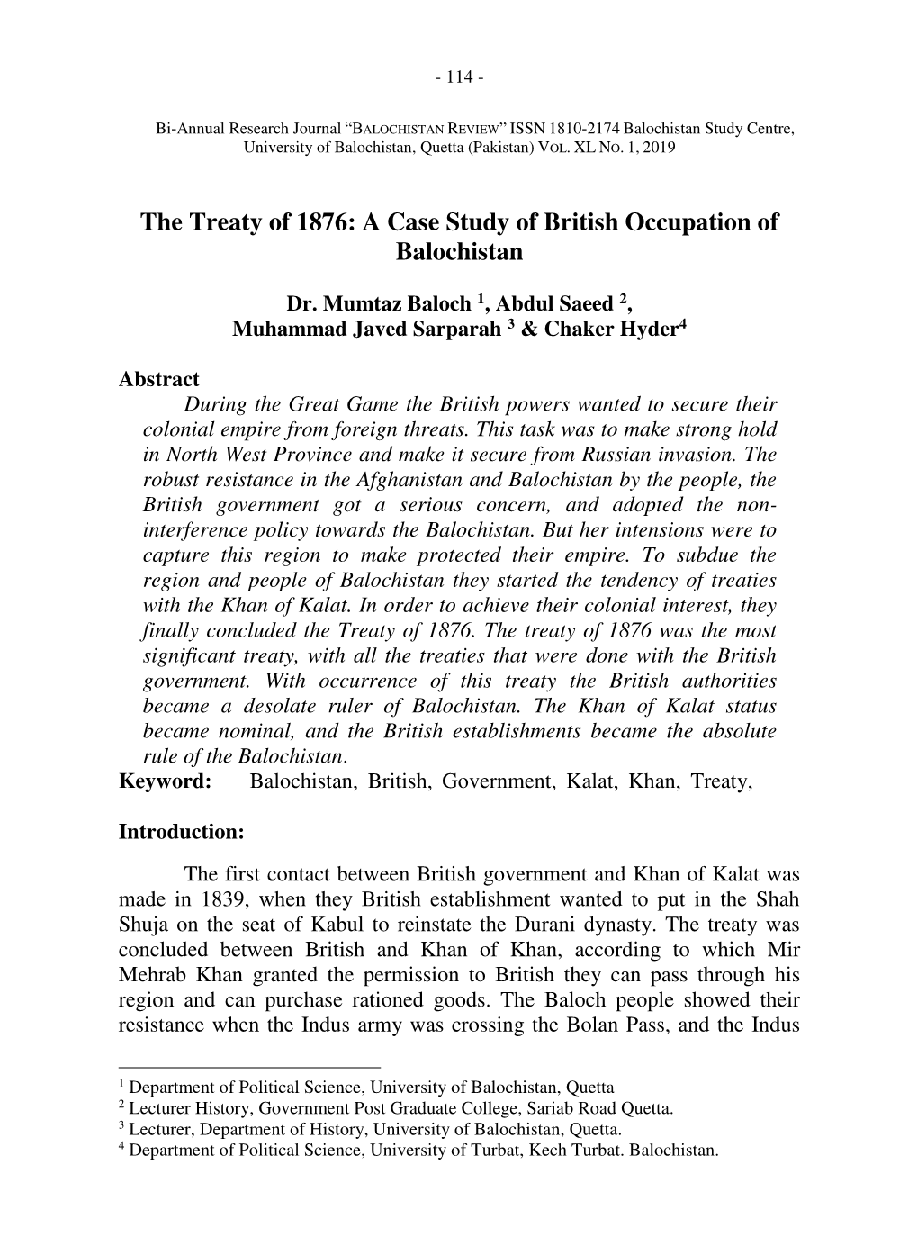 The Treaty of 1876: a Case Study of British Occupation of Balochistan