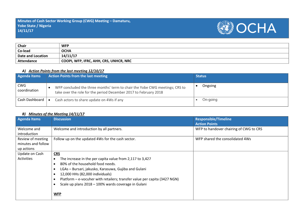 (CWG) Meeting – Damaturu, Yobe State / Nigeria 14/11/17 Chair WFP
