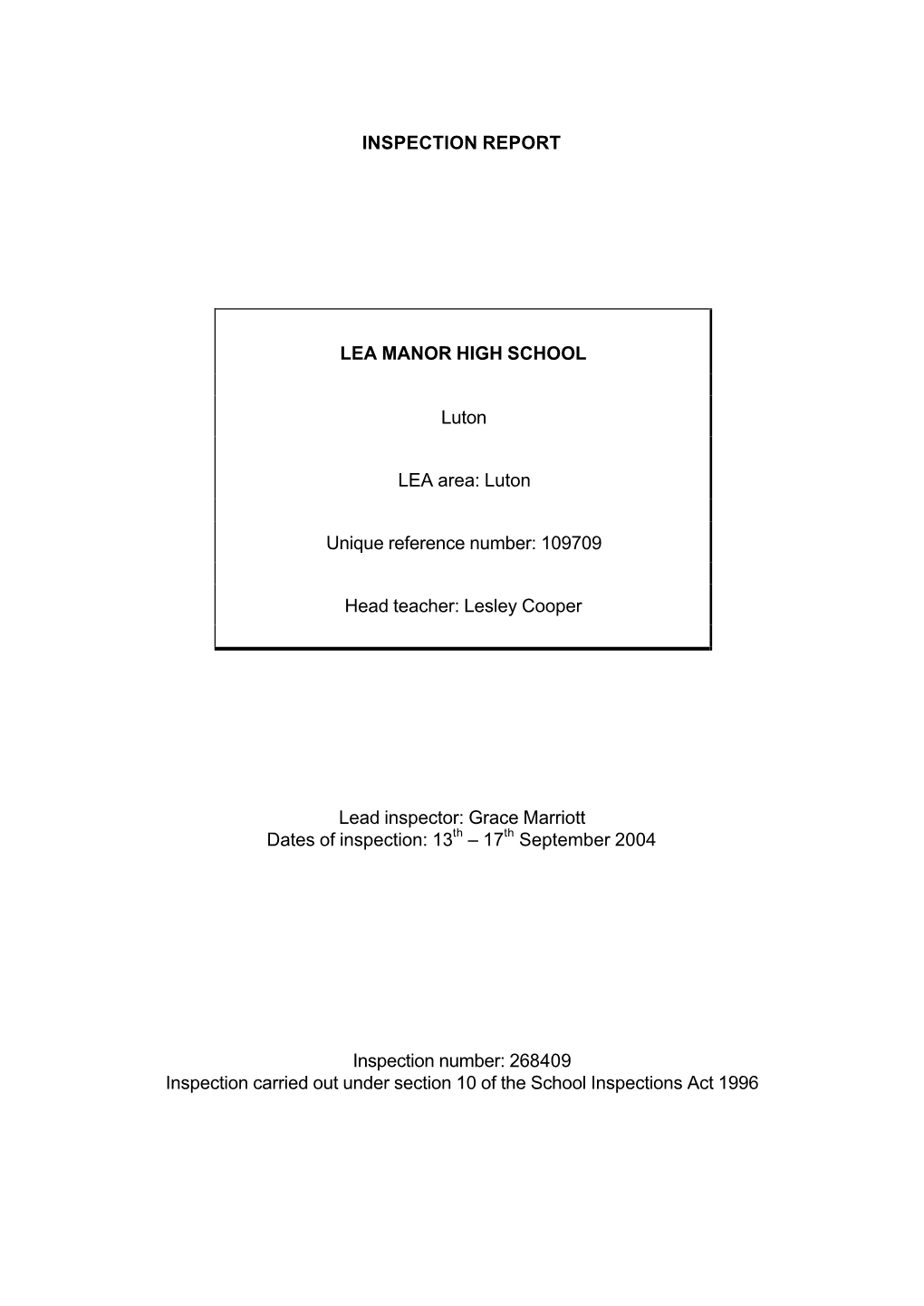 INSPECTION REPORT LEA MANOR HIGH SCHOOL Luton LEA Area