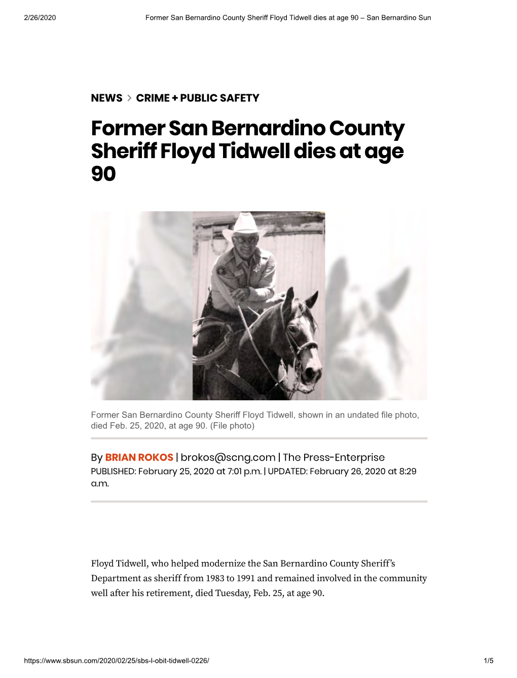 Former San Bernardino County Sheriff Floyd Tidwell Dies at Age 90 – San Bernardino Sun