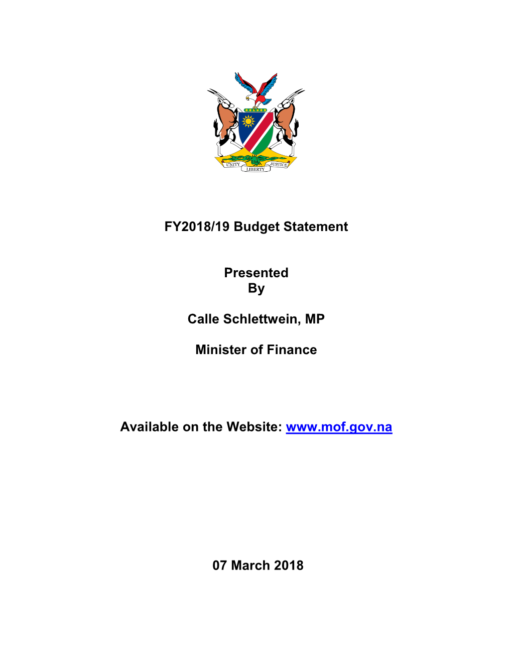 FY2018/19 Budget Statement Presented by Calle Schlettwein, MP