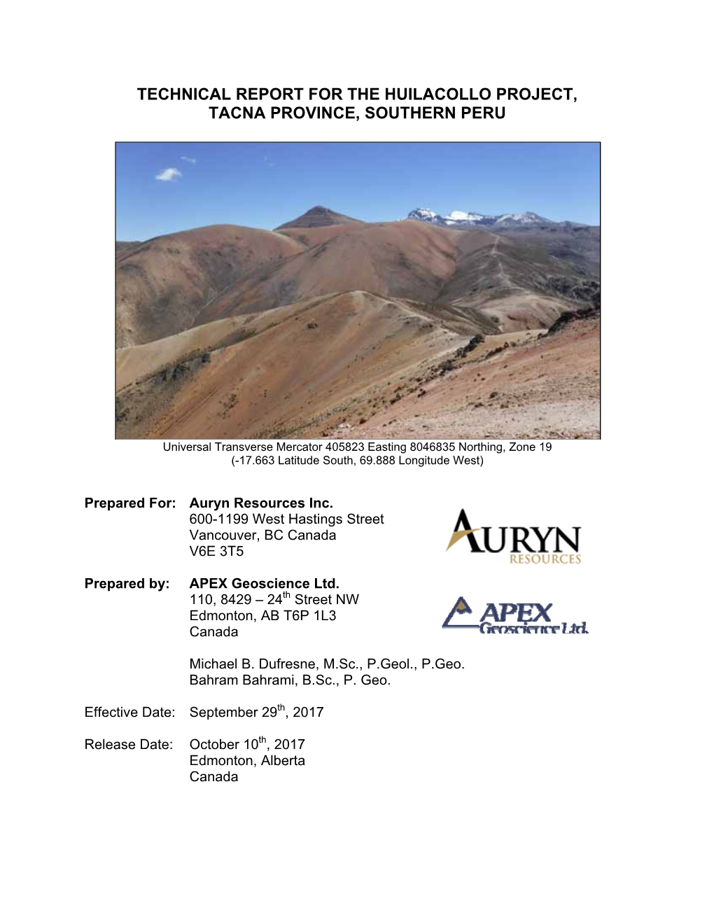 Technical Report for the Huilacollo Project, Tacna Province, Southern Peru