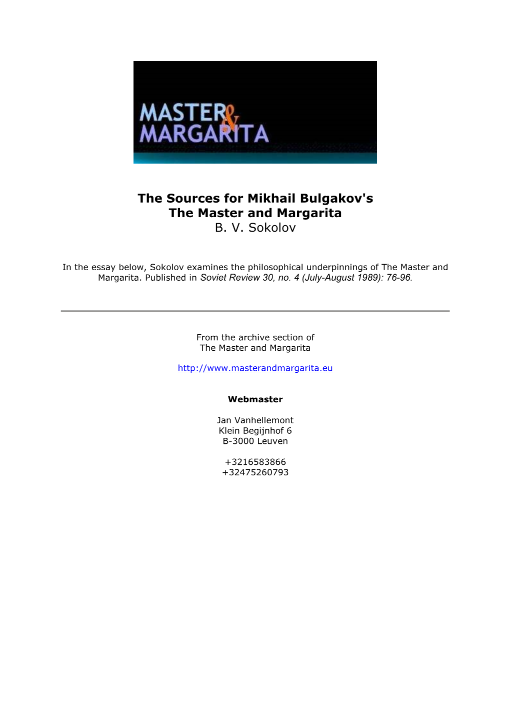 The Sources for the Master and Margarita