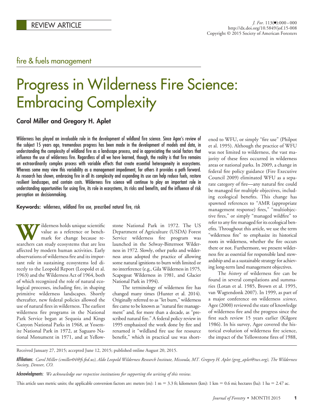 Progress in Wilderness Fire Science: Embracing Complexity