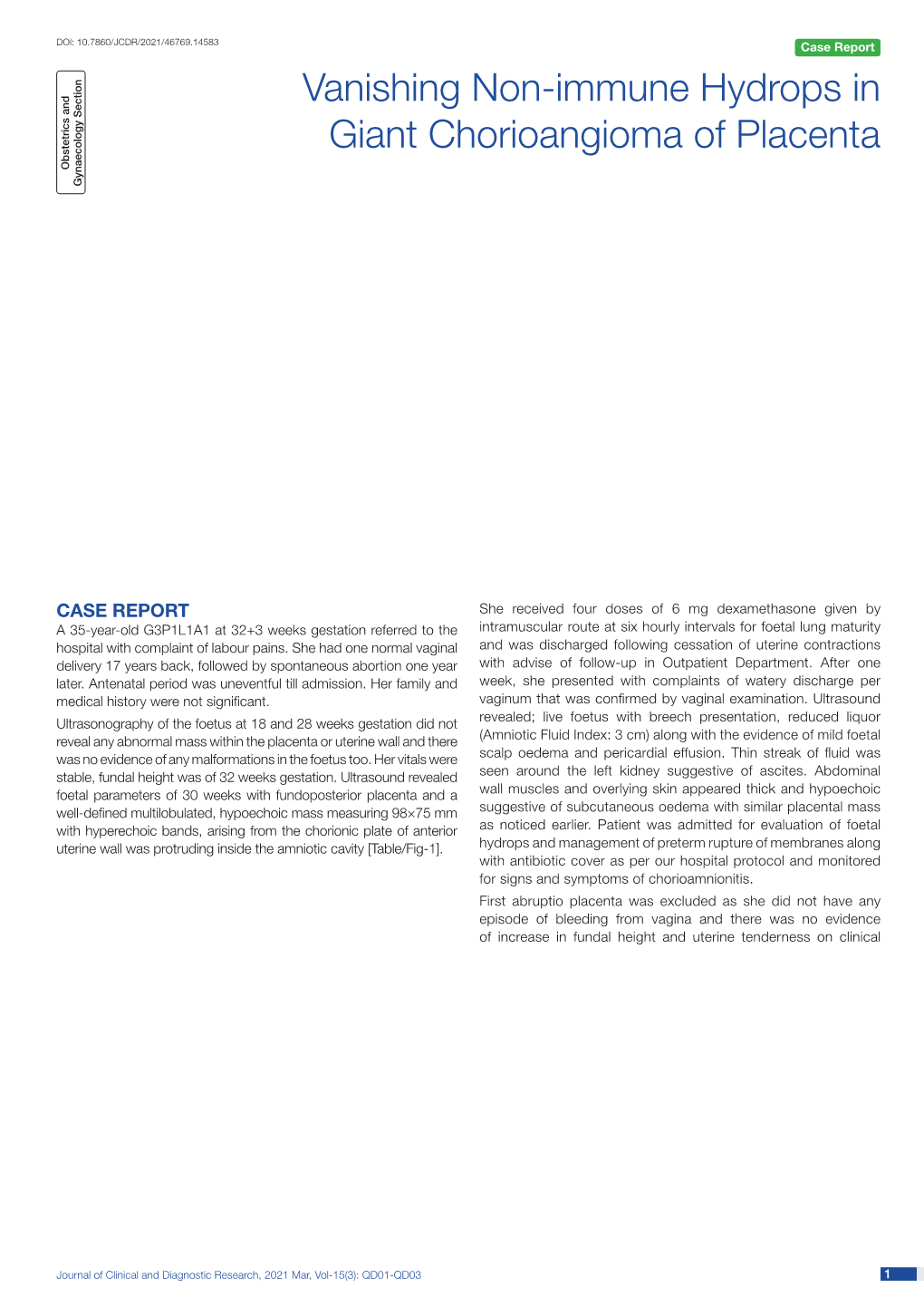 Vanishing Non-Immune Hydrops in Giant Chorioangioma of Placenta Obstetrics and ­ Gynaecology Section