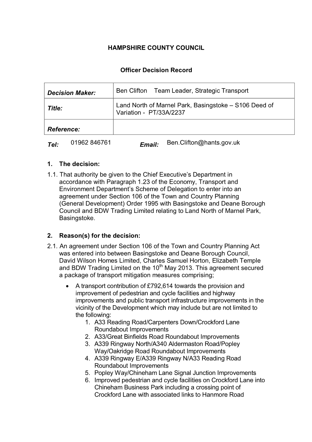 HAMPSHIRE COUNTY COUNCIL Officer Decision Record Decision