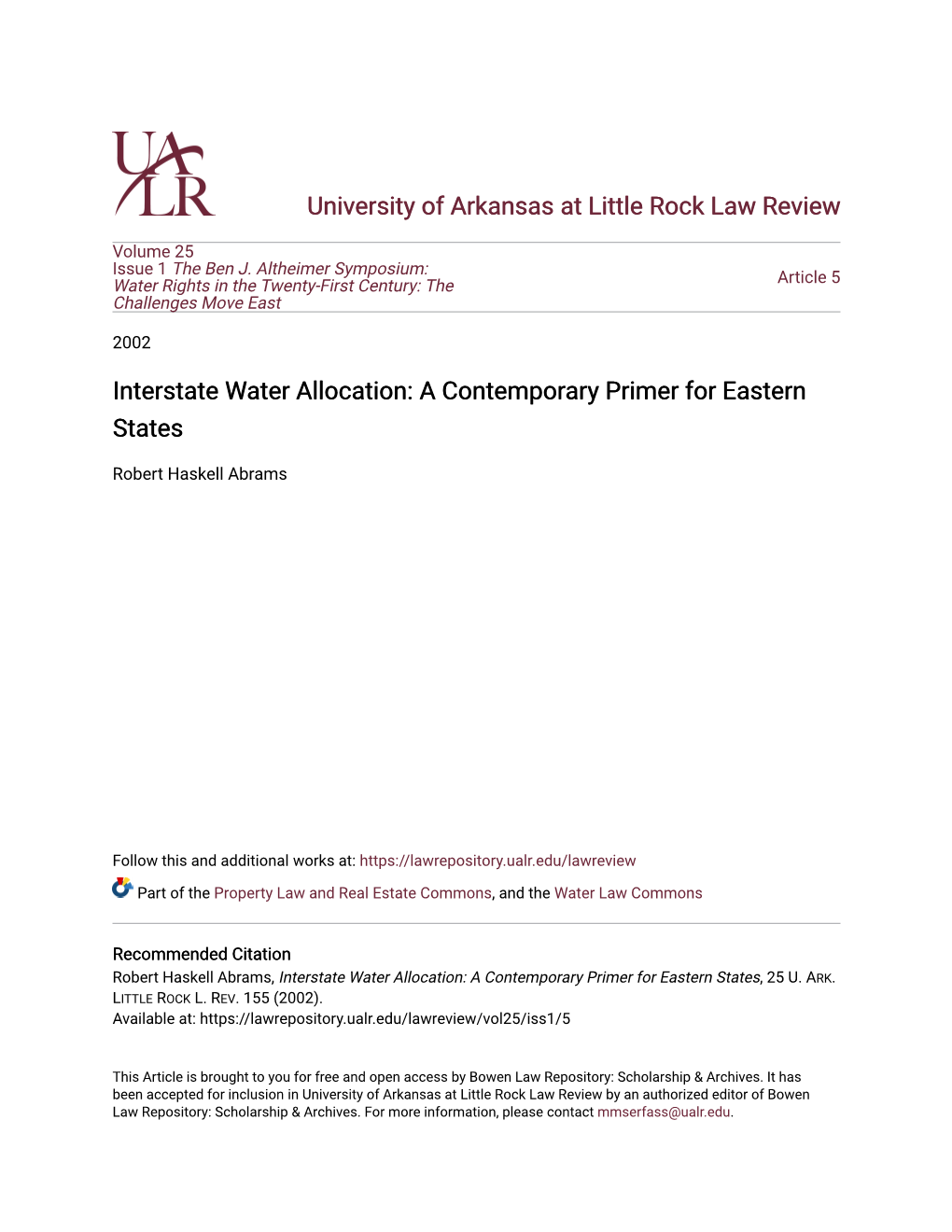 Interstate Water Allocation: a Contemporary Primer for Eastern States