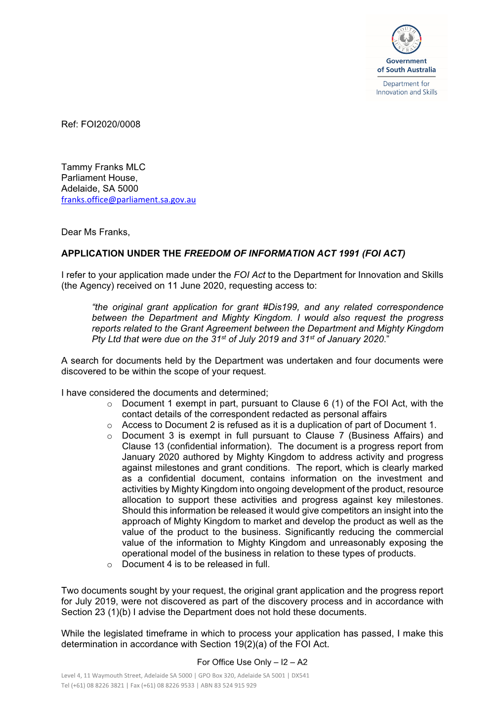 FOI 2020 00008 Determination Letter