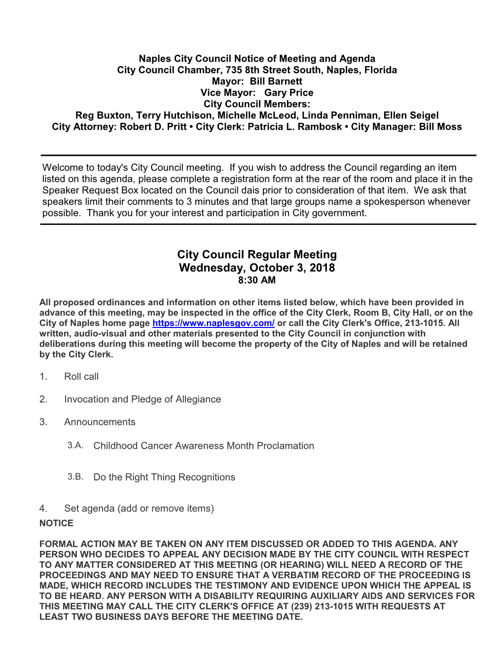 2018-1003 City Council Regular Meeting Agenda