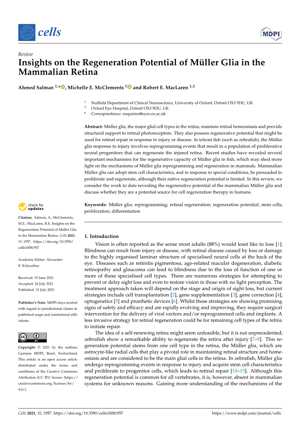 Insights on the Regeneration Potential of Müller Glia in the Mammalian Retina