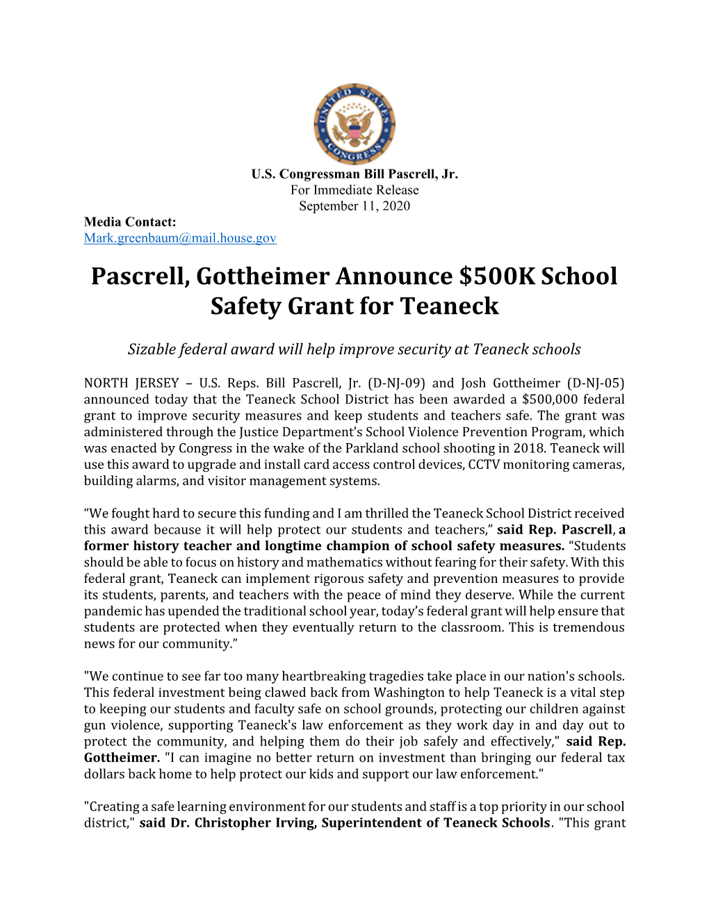 Pascrell, Gottheimer Announce $500K School Safety Grant for Teaneck