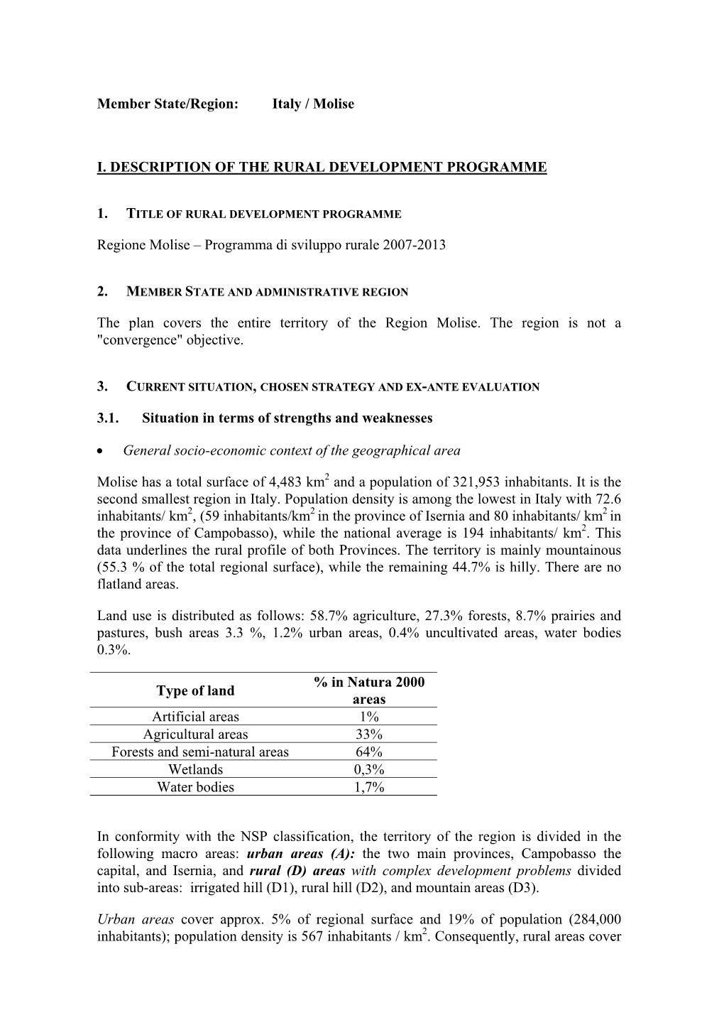 Italy / Molise I. DESCRIPTION of the RURAL DEVELOPMENT