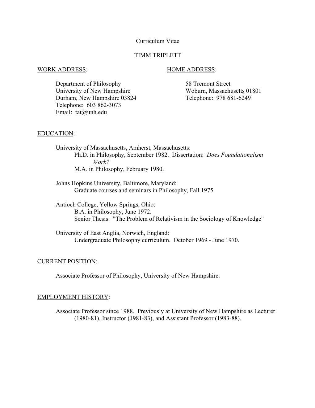 Curriculum Vitae TIMM TRIPLETT