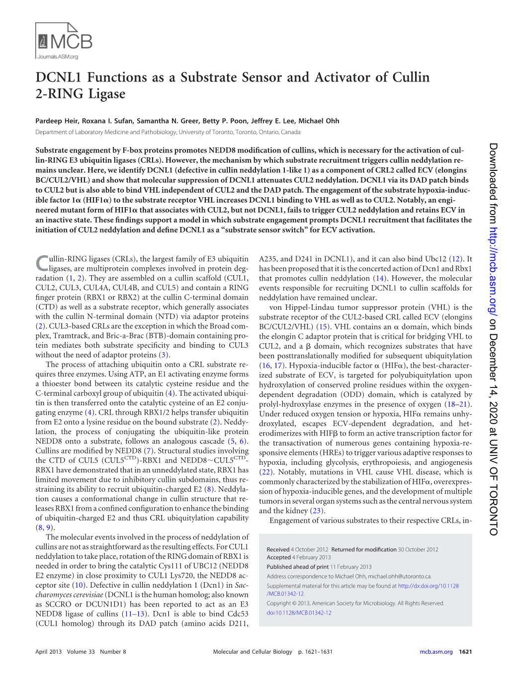 DCNL1 Functions As a Substrate Sensor and Activator of Cullin 2-RING Ligase