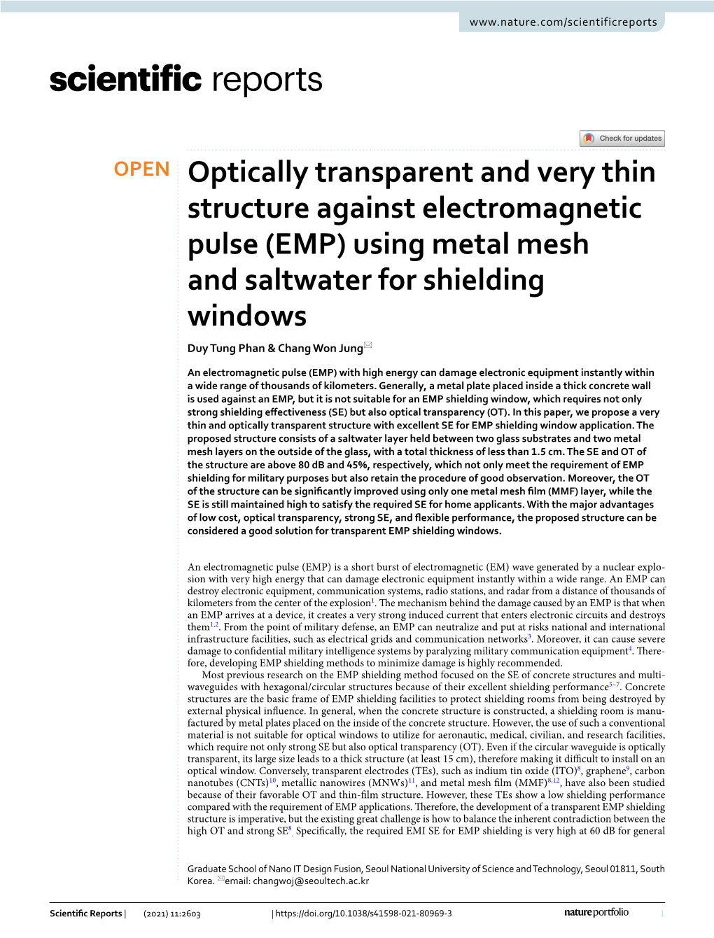 (EMP) Using Metal Mesh and Saltwater for Shielding Windows Duy Tung Phan & Chang Won Jung*