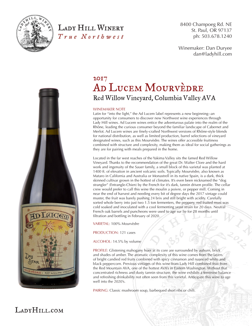 Ad Lucem Mourvèdre Red Willow Vineyard, Columbia Valley AVA