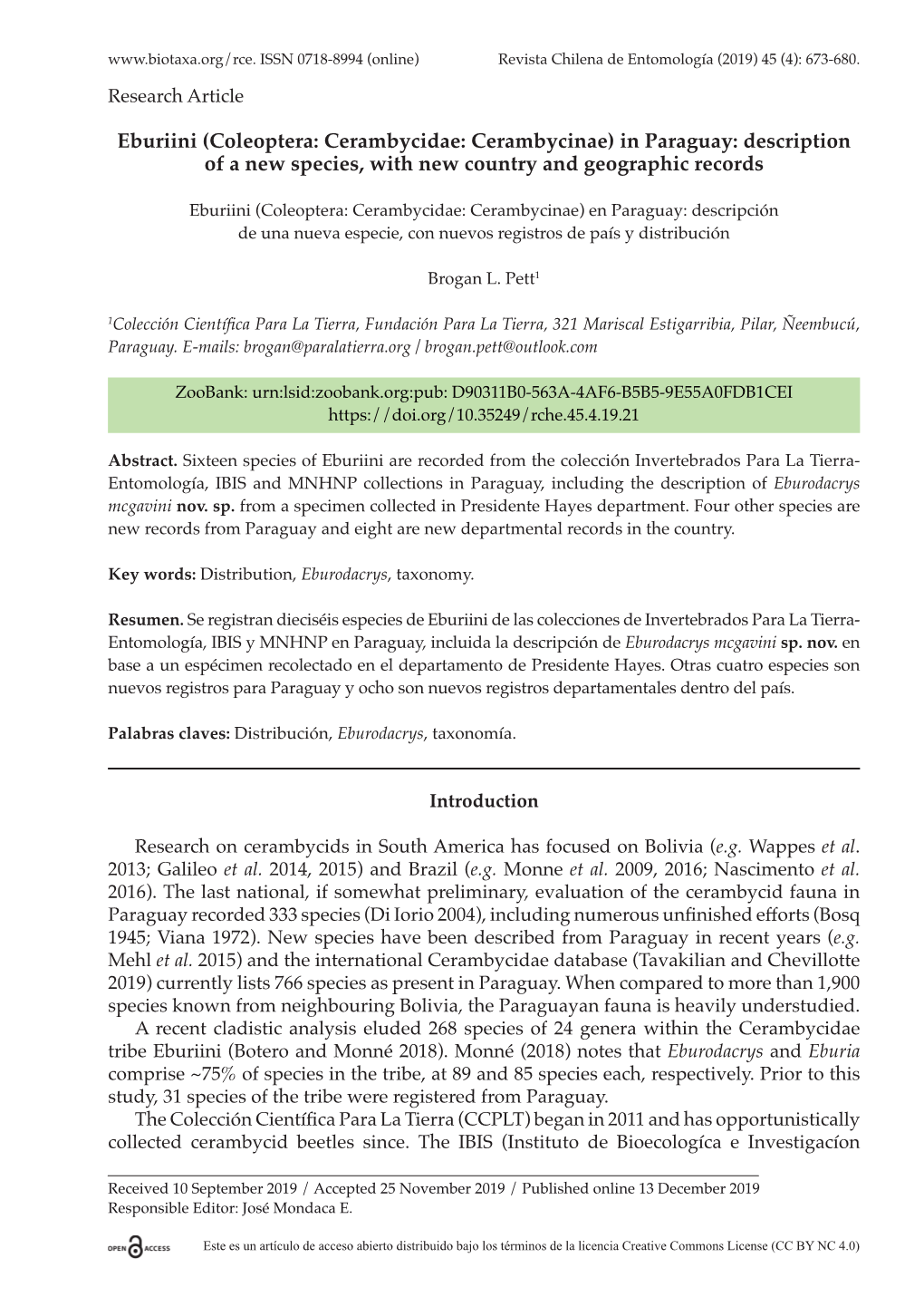 Coleoptera: Cerambycidae: Cerambycinae) in Paraguay: Description of a New Species, with New Country and Geographic Records