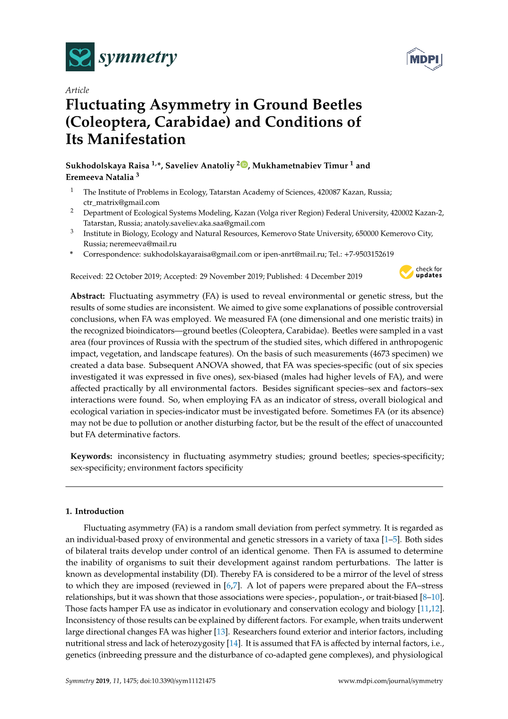 Fluctuating Asymmetry in Ground Beetles (Coleoptera, Carabidae) and Conditions of Its Manifestation