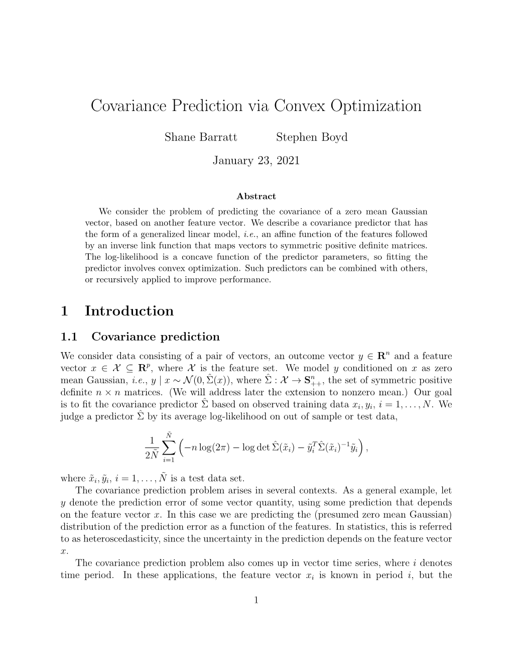 Covariance Prediction Via Convex Optimization