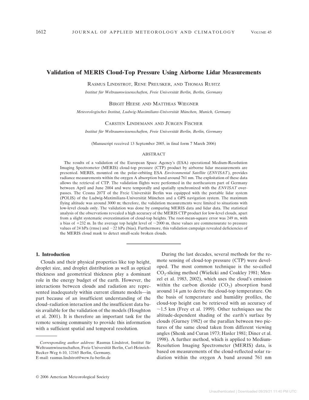 Validation of MERIS Cloud-Top Pressure Using Airborne Lidar Measurements