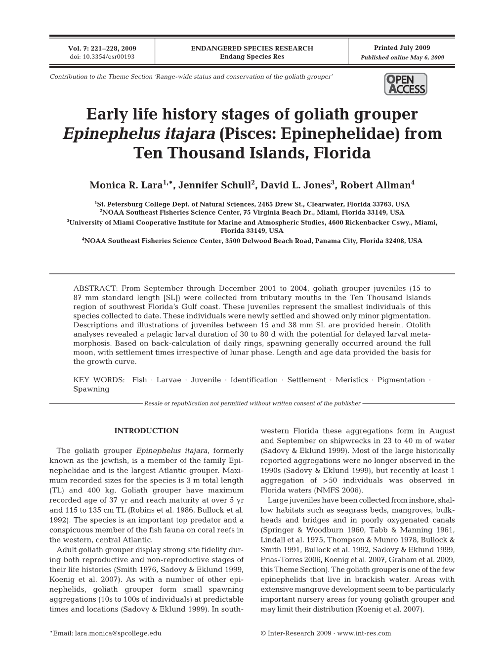 Early Life History Stages of Goliath Grouper Epinephelus Itajara (Pisces: Epinephelidae) from Ten Thousand Islands, Florida