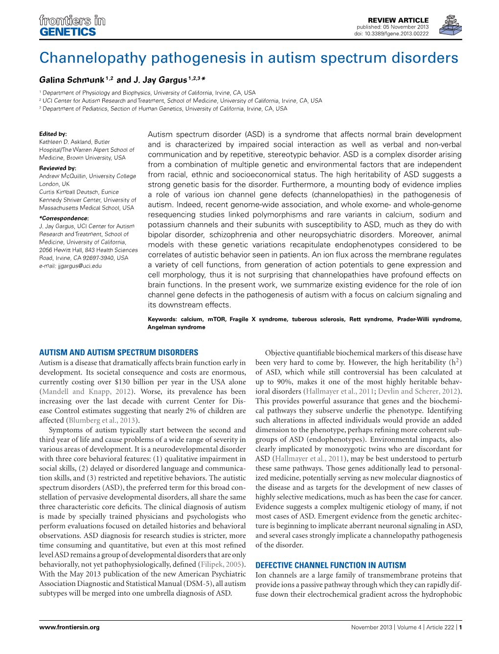 Channelopathy Pathogenesis in Autism Spectrum Disorders