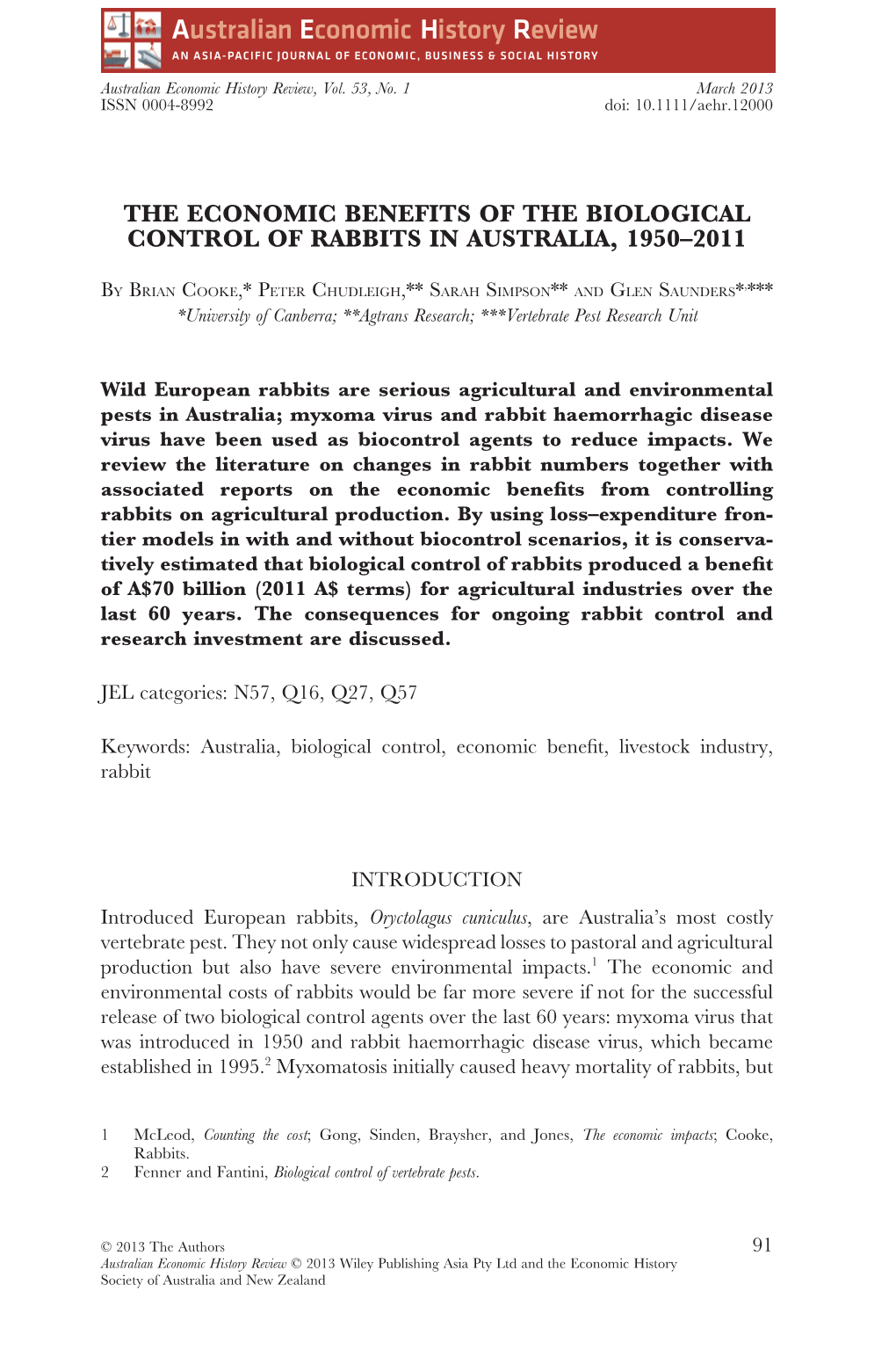 The Economic Benefits of the Biological Control of Rabbits in Australia, 19502011