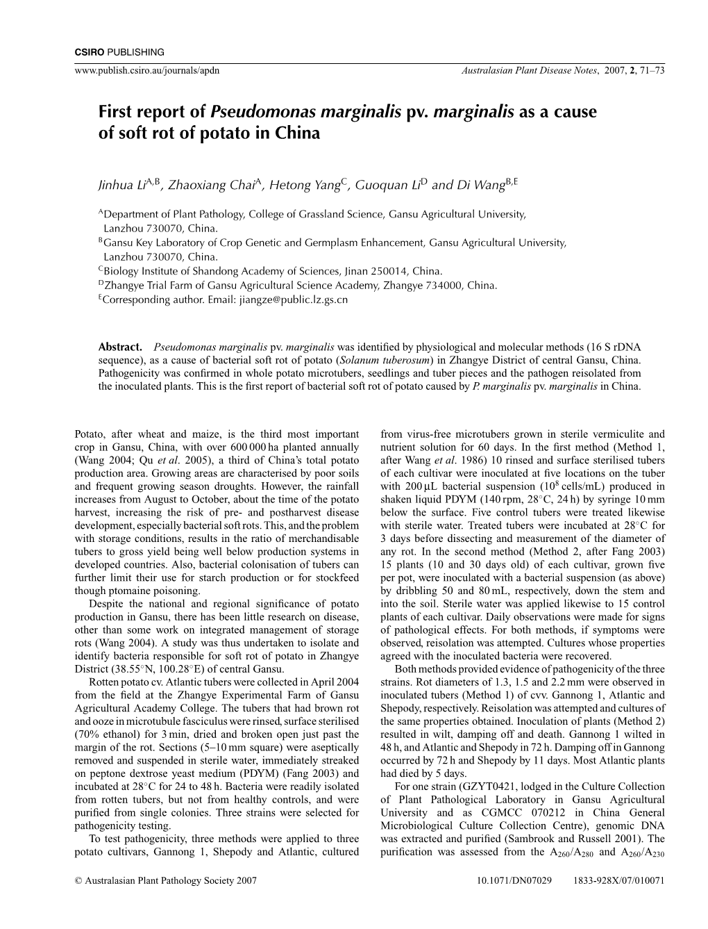 First Report of Pseudomonas Marginalis Pv. Marginalis As a Cause of Soft Rot of Potato in China