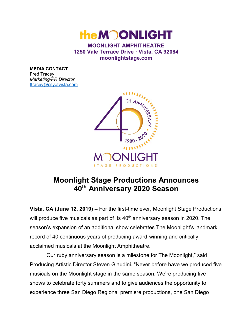 Moonlight Stage Productions Announces 40Th Anniversary 2020 Season