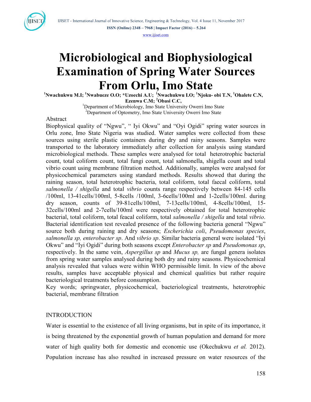 Microbiological and Biophysiological Examination of Spring Water