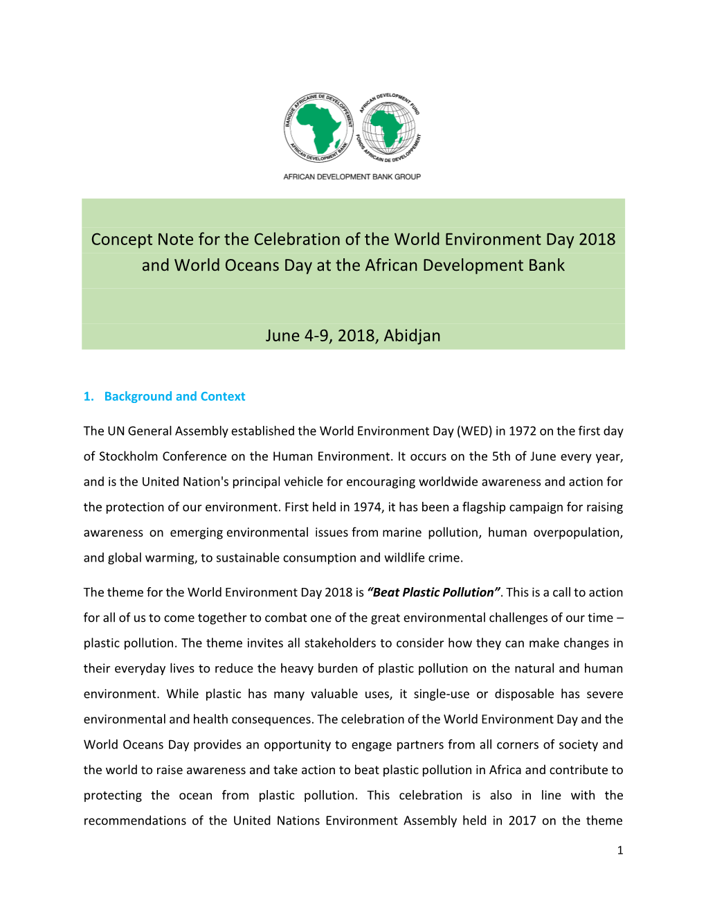 Concept Note for the Celebration of the World Environment Day 2018 and World Oceans Day at the African Development Bank