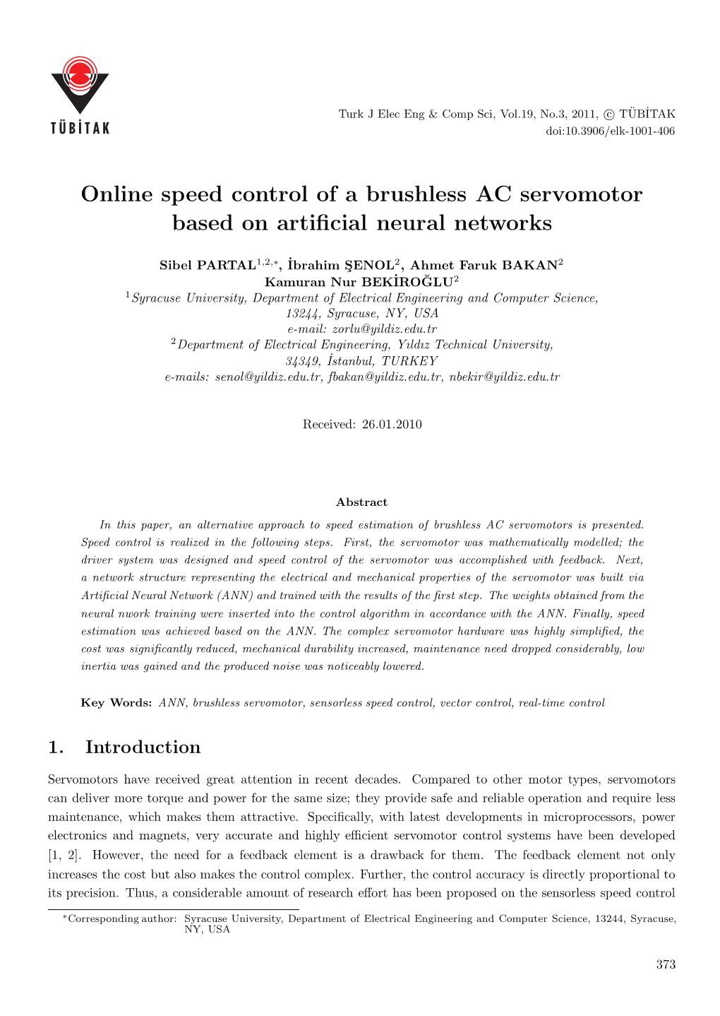 Online Speed Control of a Brushless AC Servomotor Based on Artificial