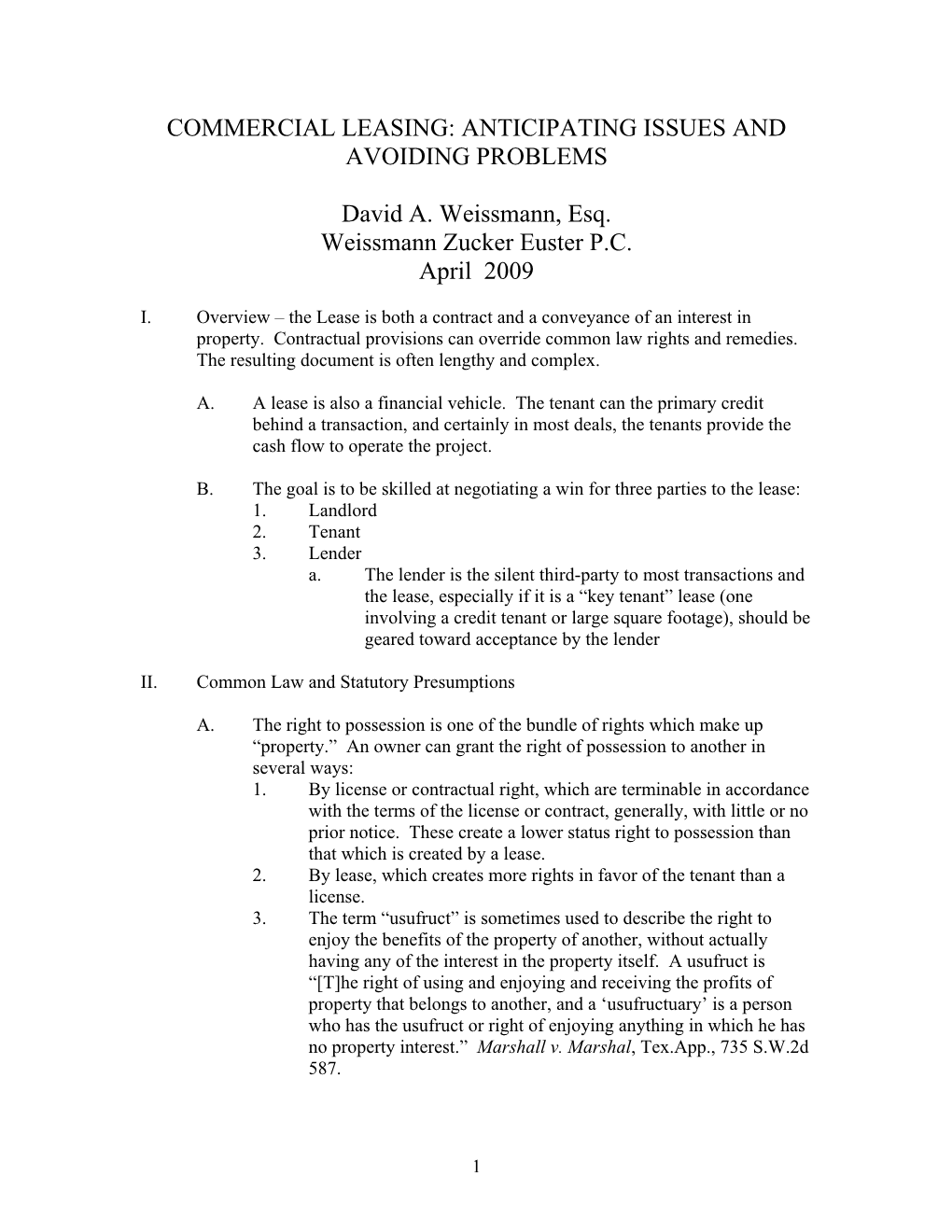 Commercial Leasing: Anticipating Issues and Avoiding Problems