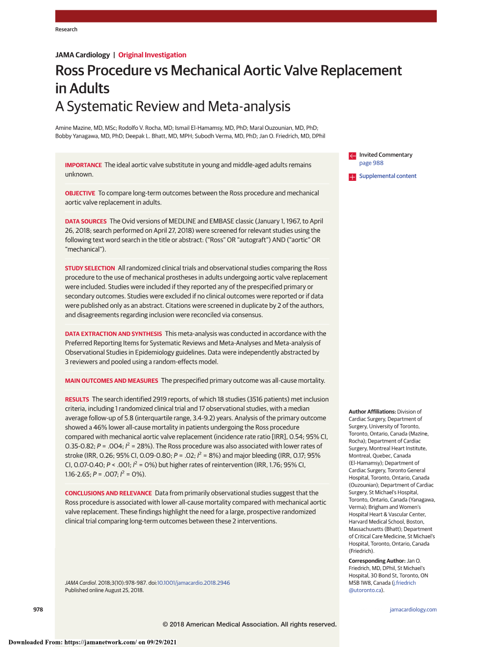 Ross Procedure Vs Mechanical Aortic Valve Replacement in Adults a Systematic Review and Meta-Analysis