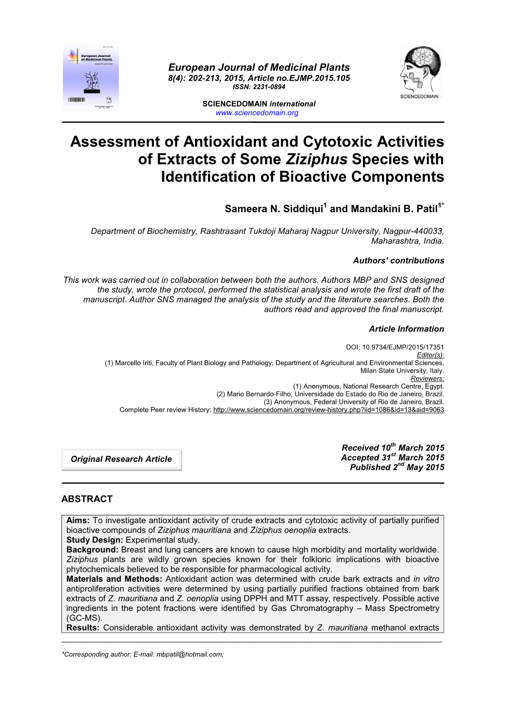 Assessment of Antioxidant and Cytotoxic Activities of Extracts of Some Ziziphus Species with Identification of Bioactive Components