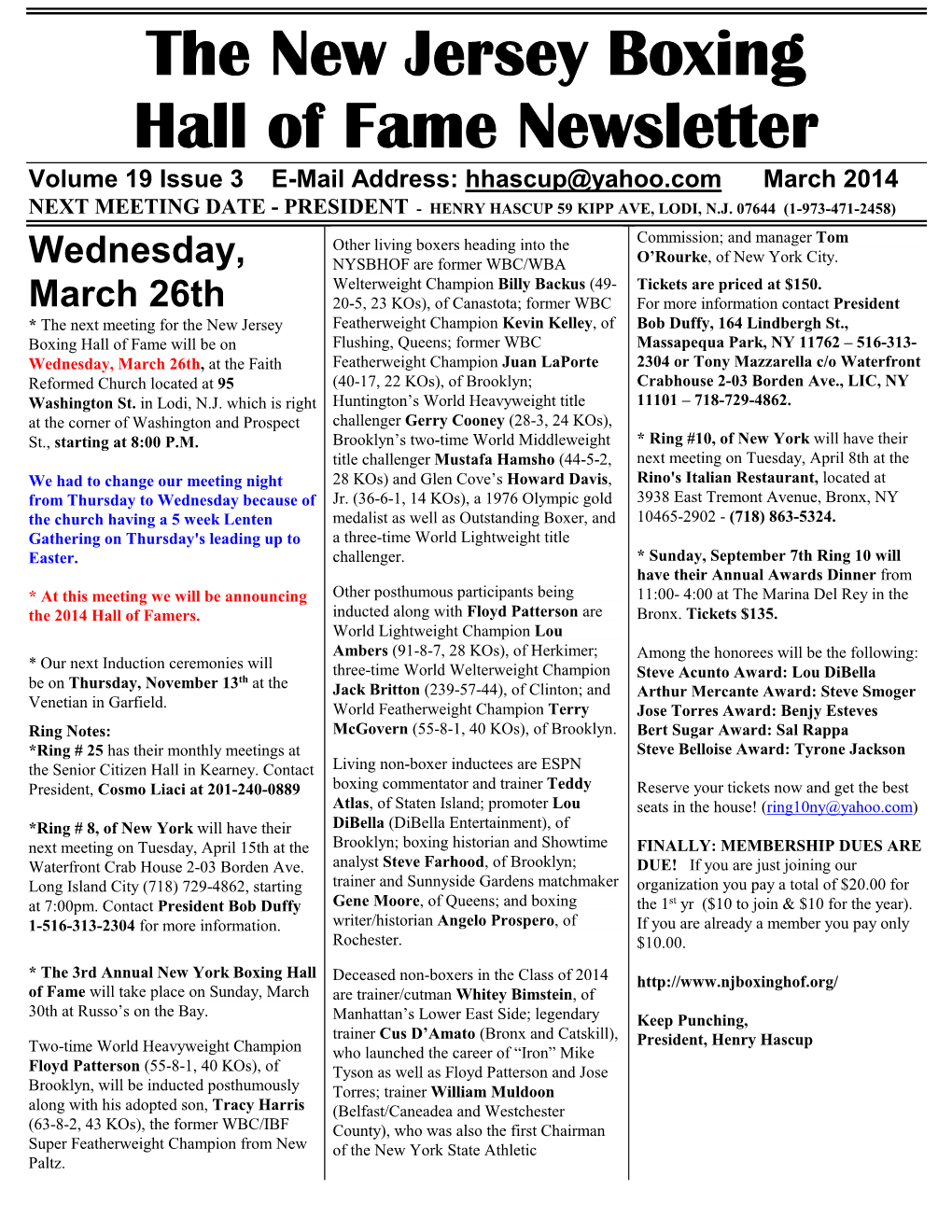 N.J. Boxing Hall of Fame Newsletter March 2014