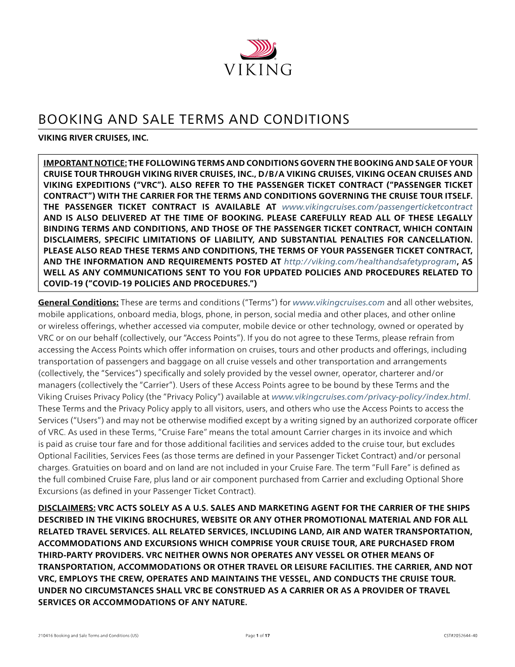 Booking and Sale Terms and Conditions Viking River Cruises, Inc