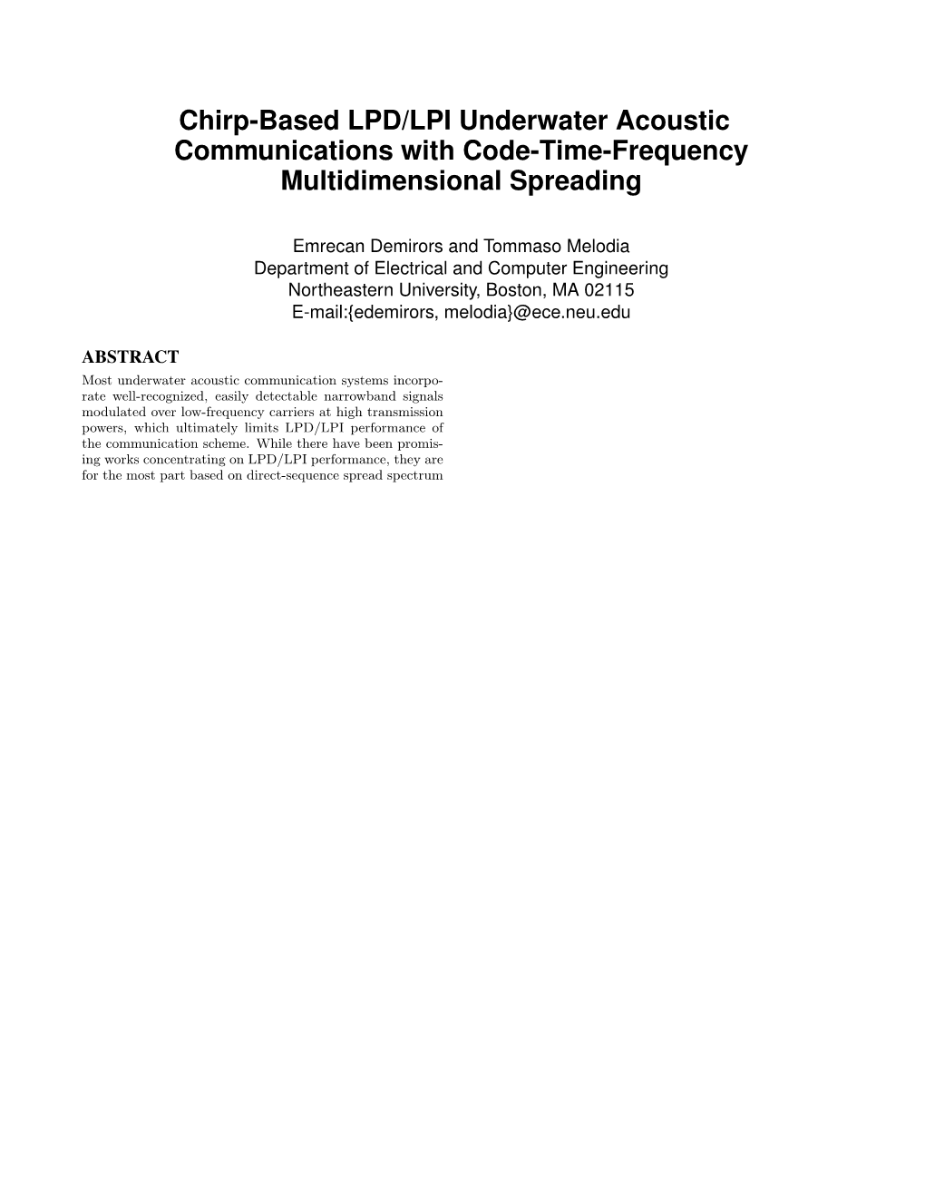 Chirp-Based LPD/LPI Underwater Acoustic Communications with Code-Time-Frequency Multidimensional Spreading