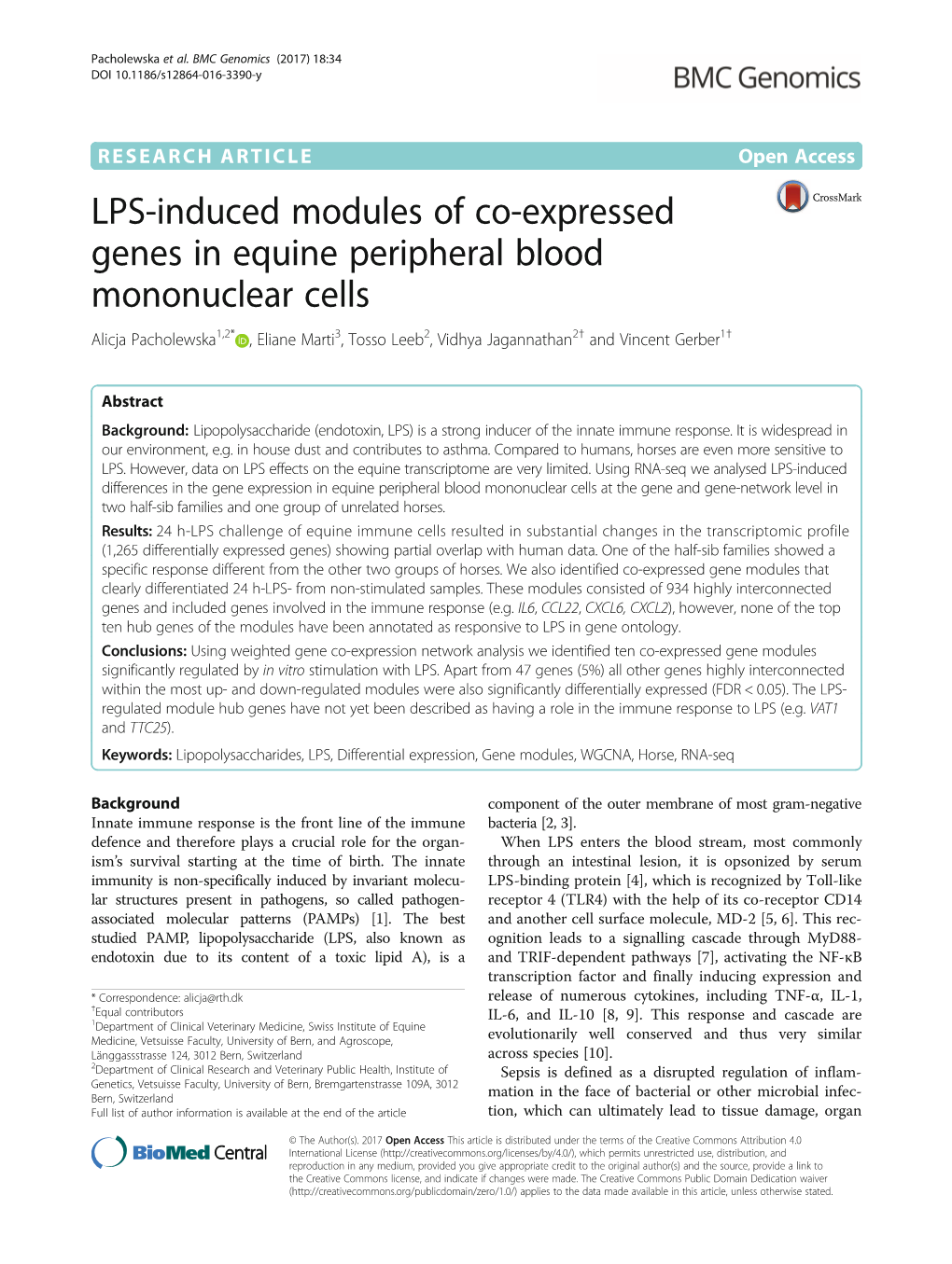 LPS-Induced Modules of Co-Expressed Genes in Equine