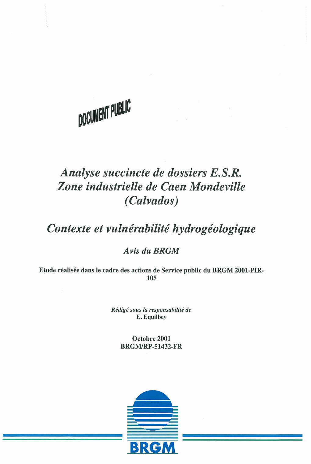 Analyse Succincte De Dossiers E.S.R. Zone Industrielle De Caen Mondeville (Calvados) Contexte Et Vulnérabilité Hydrogéologiqu