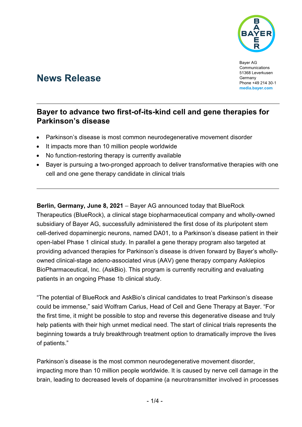 News Release Phone +49 214 30-1 Media.Bayer.Com