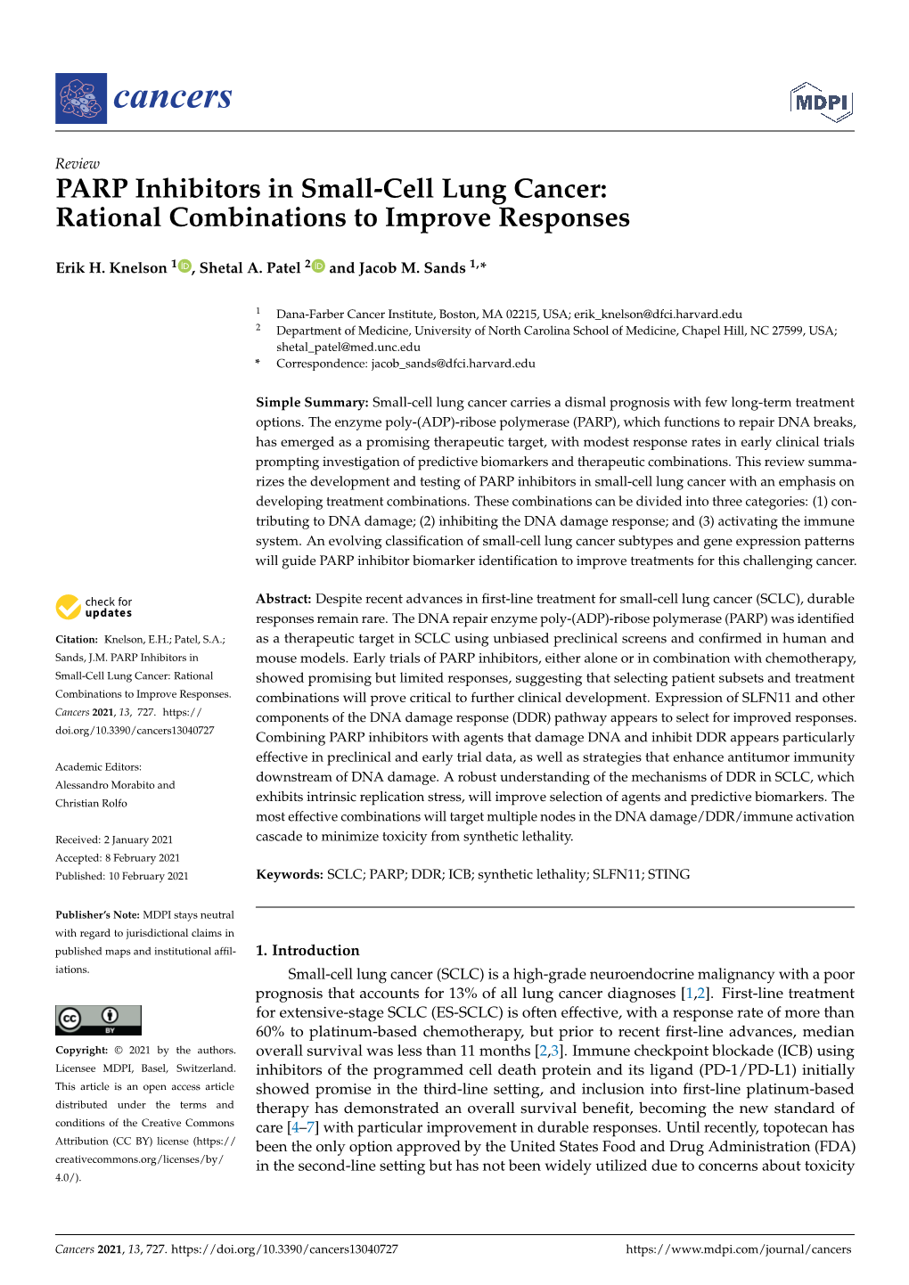 PARP Inhibitors in Small-Cell Lung Cancer: Rational Combinations to Improve Responses