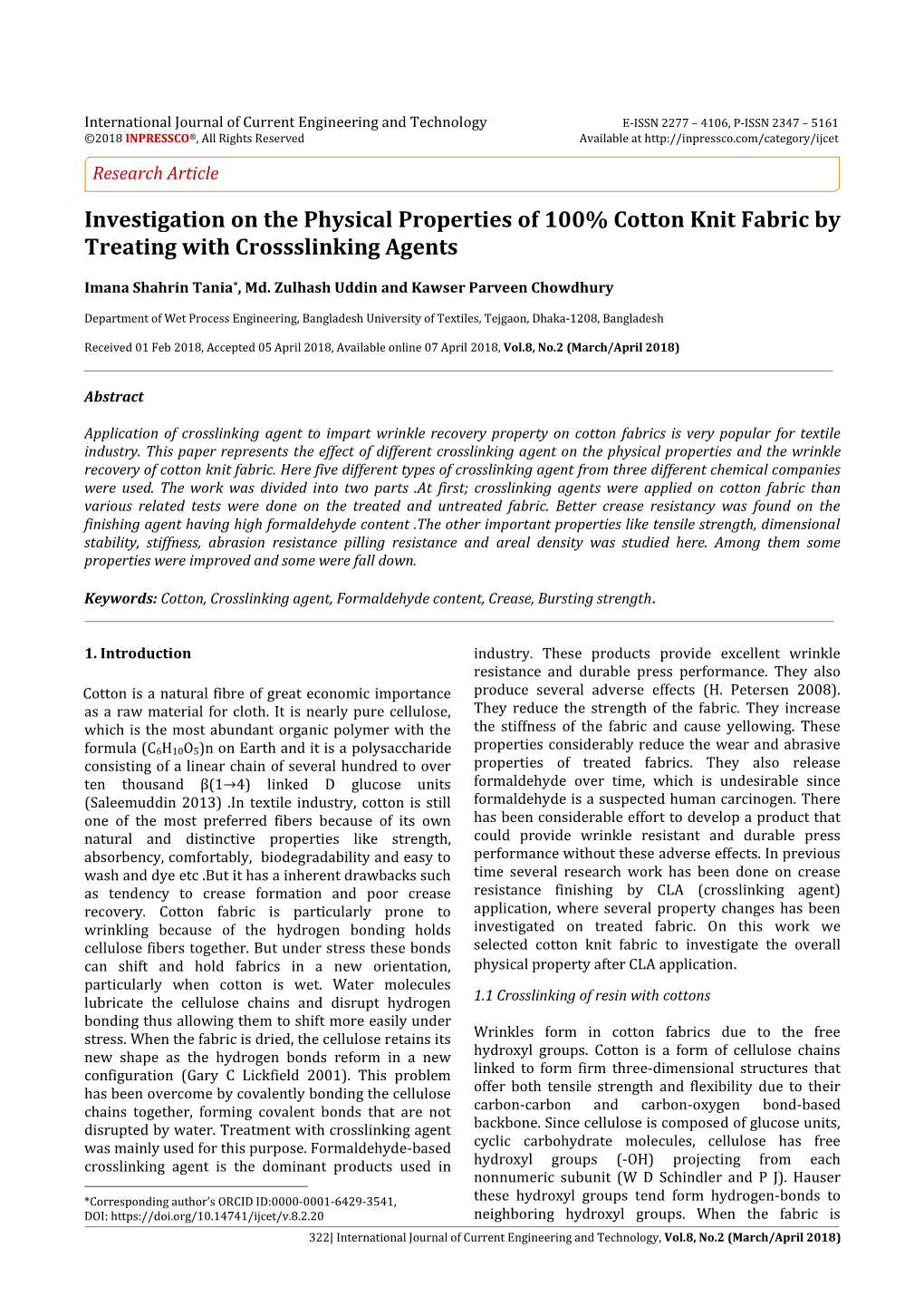 Investigation on the Physical Properties of 100% Cotton Knit Fabric by Treating with Crossslinking Agents