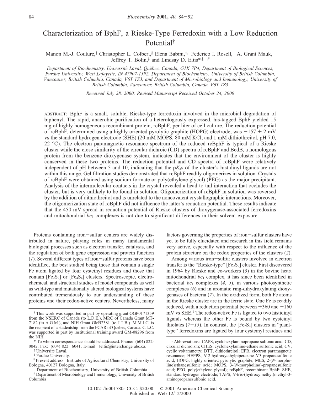 Characterization of Bphf, a Rieske-Type Ferredoxin with a Low Reduction Potential† Manon M.-J