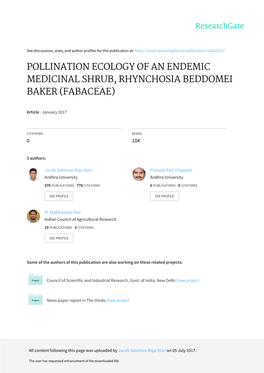 Pollination Ecology of an Endemic Medicinal Shrub, Rhynchosia Beddomei Baker (Fabaceae)