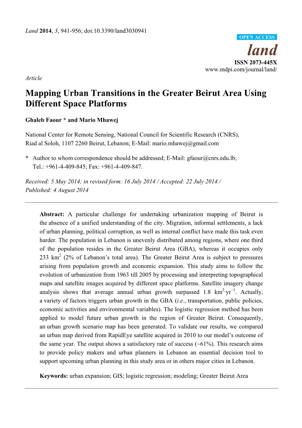 Mapping Urban Transitions in the Greater Beirut Area Using Different Space Platforms