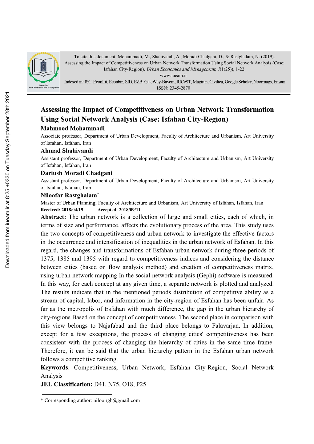 Assessing the Impact of Competitiveness on Urban Network Transformation Using Social Network Analysis (Case: Isfahan City-Region)