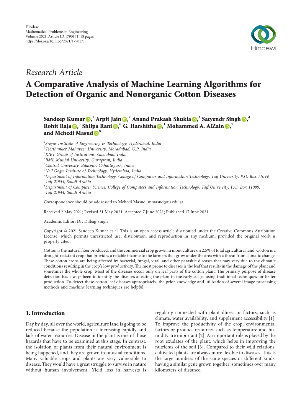 A Comparative Analysis of Machine Learning Algorithms for Detection of Organic and Nonorganic Cotton Diseases